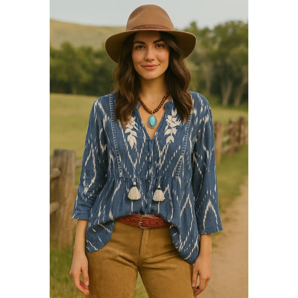 Reba Blue White Ikat Cotton Tunic Top Embroidered Floral Western Boho Women X